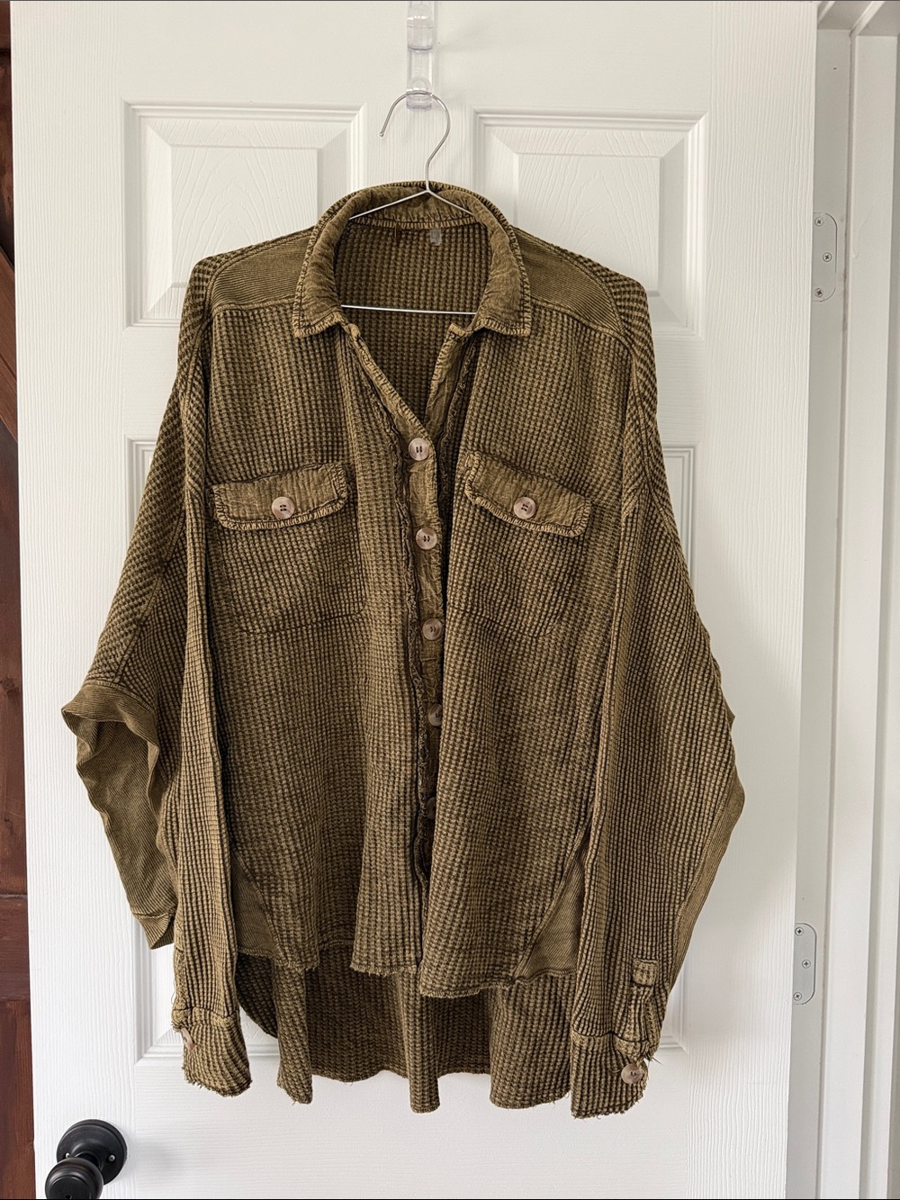 Free People Olive Green Waffle Knit Button-Up Shirt Jacket